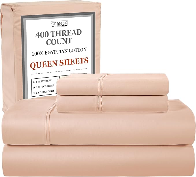 100% Egyptian Cotton Queen Size Bed Sheets, 400 Thread Count 15" Deep Pocket Queen Sheet Set, Sateen Weave Naturally Cool Soft Breathable Elasticated Luxury Bedding For All Seasons- Blush