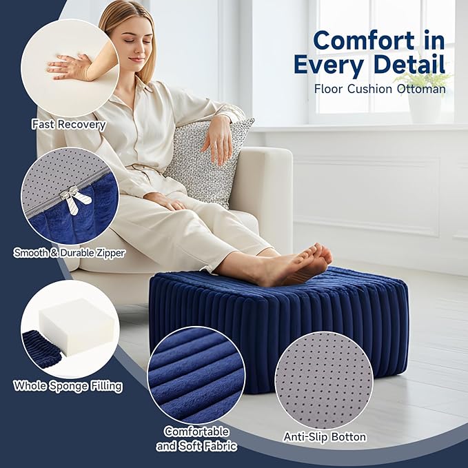 Tiita Suqre Stuffed Pouf Ottoman, Stripe Poufs 21×21×10 inch with Foam Chunk Filling, Floor Bean Bag Floor Chair Storage for Living Room Bedroom Home Decor, Navy Blue