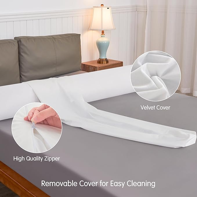 SyMax 7.8"x76" Body Pillow for King Bed, Memory Foam Bolster w/Removable Velvet Cover, Headboard Gap Filler Pillow, White