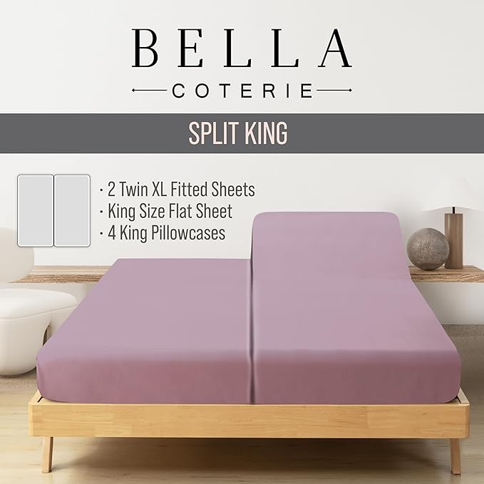 Bella Coterie 7 Piece Luxury Bamboo Viscose Split King Size Sheet Set | 2 Fitted Sheets for Adjustable Beds | 100% Organically Grown | Cooling for Hot Sleepers | 4 Pillowcases [Lilac]