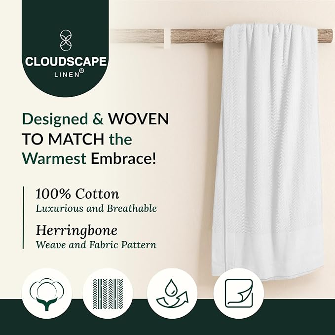Cloud Scape Linen 100% Cotton Throw Blanket 50x70 White, Luxury All-Season Warmth, Ultra Soft, Oversized Herringbone Gauze Blanket for Winter, Bed, Couch & Sofa Decor, Best Gift Idea