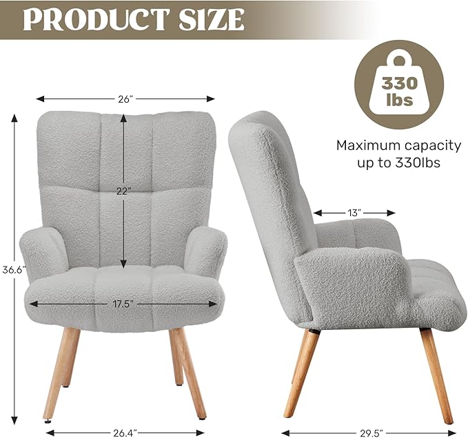 Joysoul Modern Accent Chair, High Back Arm Chair with Wood Legs Sofa Seat Teddy Fleece Fabric Reading Chair for Living Room Bedroom Waiting Room (Light Gray)