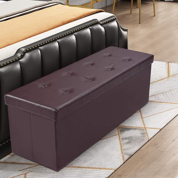 Giantex 45" Folding Storage Ottoman Bench, Storage Chest to Support 660lbs, 165L Storage Trunk Footrest Padded Seat Coffee Table for Bedroom Hallway, Faux Leather, Brown