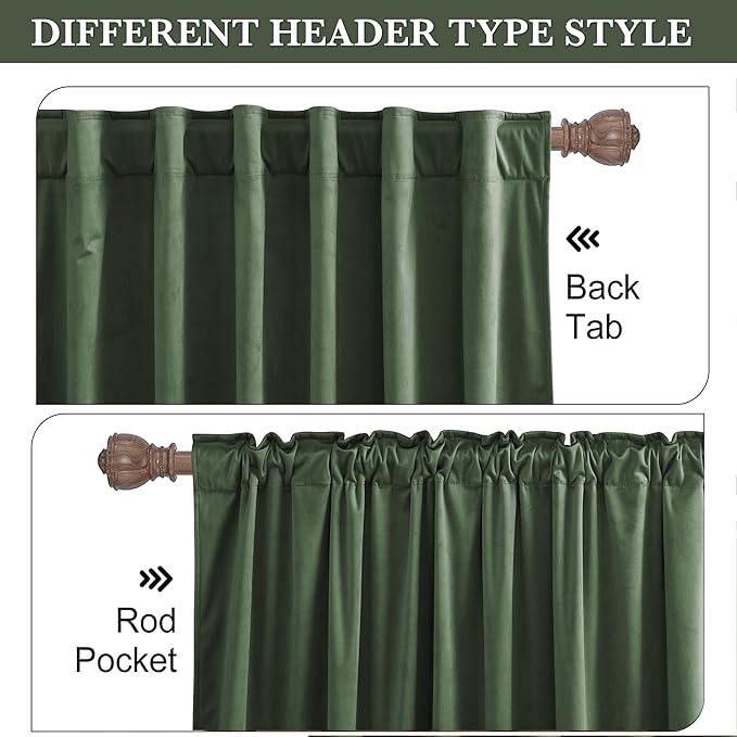 RYB HOME Elegant Green Velvet Curtains 84 inches Long, Light Blocking, Thermal Insulated, Stylish Back Tab Velvet Drapes for Cozy Home Aesthetics, 52" W x L84 L, 2 Panels Set