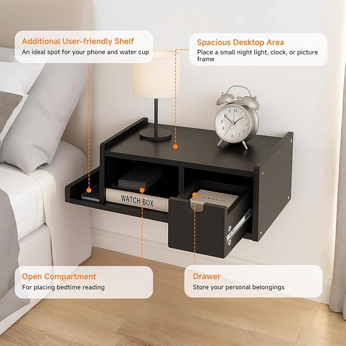 Floating Nightstand with Drawer & Shelf,Wall Mounted Bedside Table for Small Bedrooms,Modern Black End Table with Space Saving Design（Black）