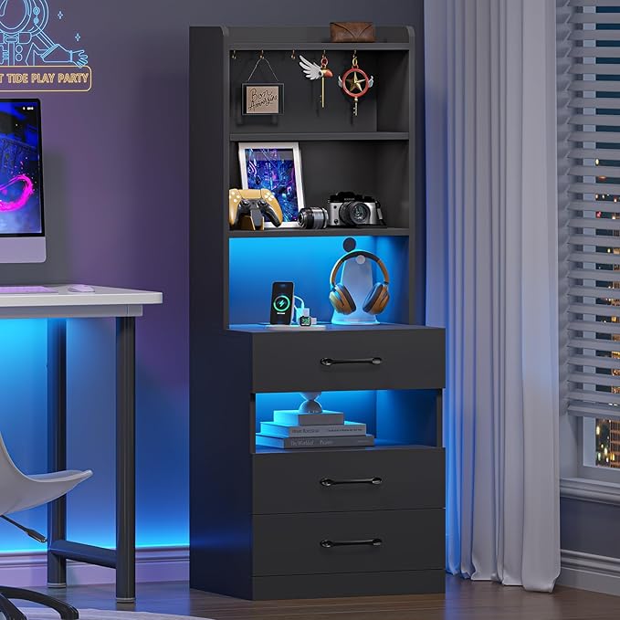 VIAGDO Tall Nightstand Set of 2 with Charging Station and LED Lights, Black Night Stand Set 2 with Bookshelf, Modern LED Bedside Tables with 3 Drawers and Storage Shelves, Side Tables for Bedrooms