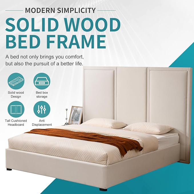 YUHUASHI King Size Bed Frame with 64-inch High Headboard, Simple and Airy Linen Upholstered Platform Bed with Storage Drawers, Wood Slat, No Noise (Beige, King(Hydraulic Lift))