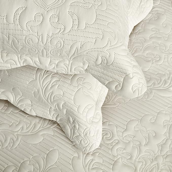 CHIXIN Bedspread Coverlet Set Queen Size - Lightweight Bedding Cover - Ultrasonic Quilting - 5 Piece Reversible Bedspread - Elegant Damask Paisley Pattern (Queen, Ivory)
