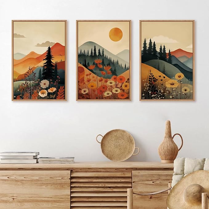 LHIUEM Large Boho Mountain Sunset Framed Canvas Wall Art Set, Pine Tree Flowers Wall Decor, Nature Landscape Forest Artwork for Living Room,Bedroom,Dining Room,Office -16"x24"x3