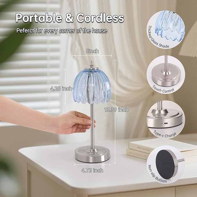 Tulip Table Lamp with 5200mAh Battery & Touch Control, Cordless Small Table Lamp with 3 Colors, Dimmable Rechargeable Table Lamps for Living Room, Bedroom, Bedside (Clear Light Blue Tulip)
