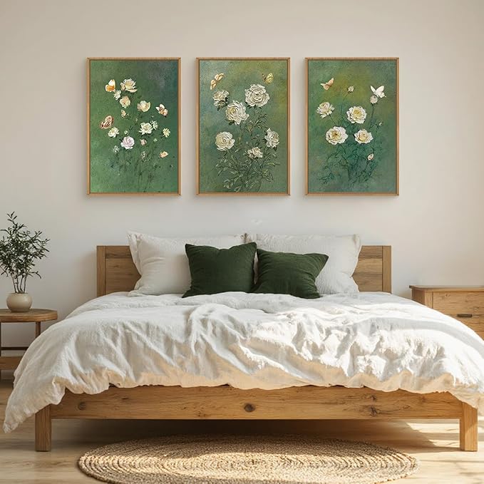 LHIUEM Vintage Moody White Roses Framed Canvas Wall Art,Abstract Flower Green Wall Decor,Nature Floral Butterfly Wall Painting,Aesthetic Blossom Artwork for Living Room,Dining Room,Office-16 x24 x3