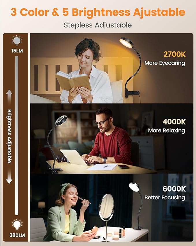 Glocusent 72 LED Clip on Lamp with Remote, Reading Light with Amber Ring, 3 Colors & 5 Dimmable Bed Lamp, 30/60-Min Auto Off Timer, Clamp Light for Headboard/Dorm/Bunk (Black)