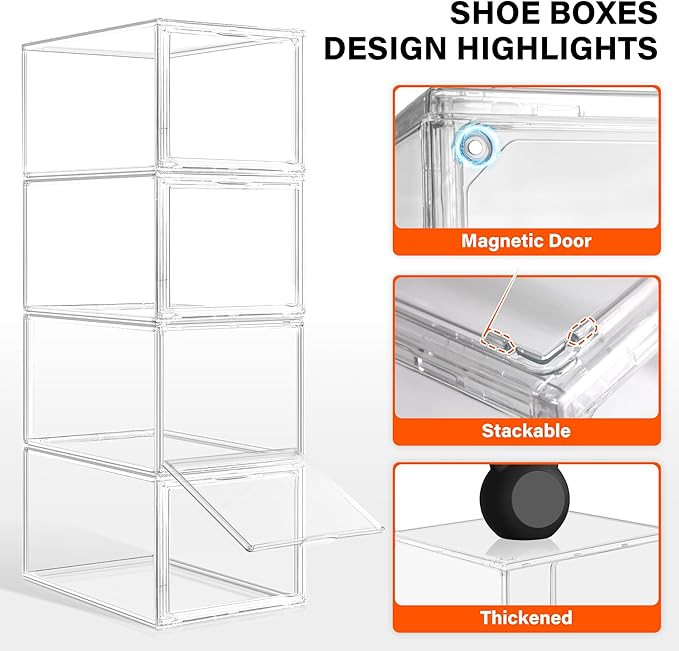 1 Pack Acrylic Drop Front Shoe Boxes Fit Size 13, Clear Stackable Shoe Organizer with Front Side Magnetic Door for Closet, Entryway, Underbed, Multiple Display Cases for Hats, Figures, Sneakers