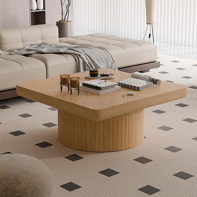 Modern Square Coffee Table with Cylindrical Base, Wood Coffee Table with Parquet Pattern & Thickened Tabletop, Center Table Tea Table for Living Room Apartment, 34.6''L×34.6''W×14.9''H, Natural