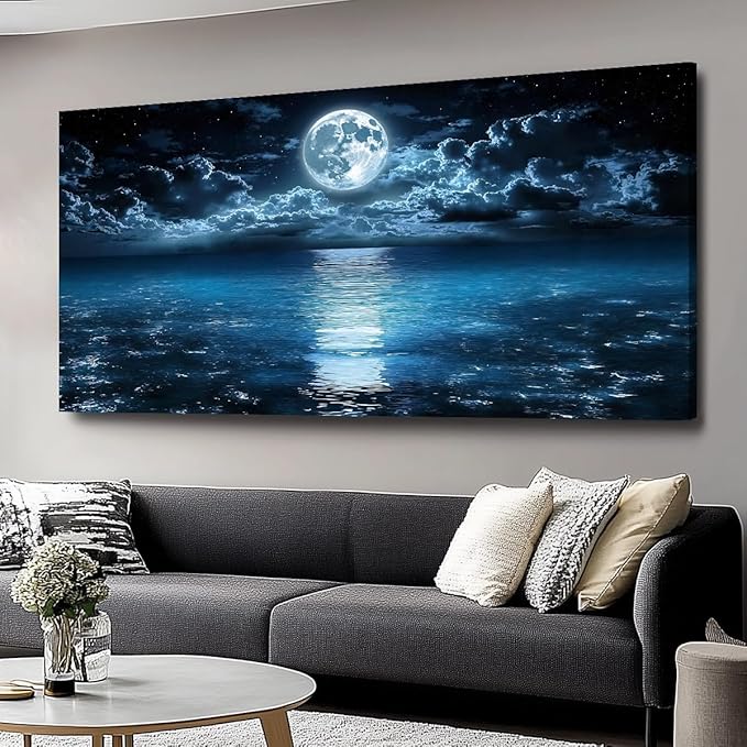 Huaaliunn Big Moon Canvas Wall Art - Modern Seascape Paintings for Living Room, Bedroom Wall Decor, Art for Home or Office Decoration, Large Wall Art 71"x36"