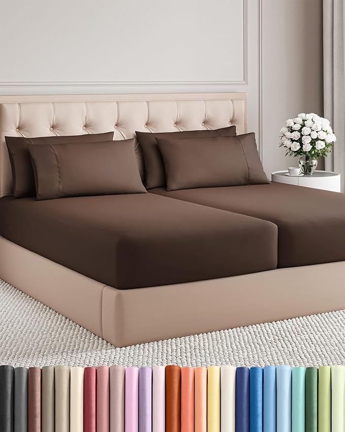 Split King 7 Piece Sheet Set - Cooling & Breathable - Hotel Luxury Bedding - Includes Fitted Sheets for Women, Men, Kids and Teens - 1 Flat, 2 Fitted Sheets, 4 Pillowcases with Deep Pockets - Brown