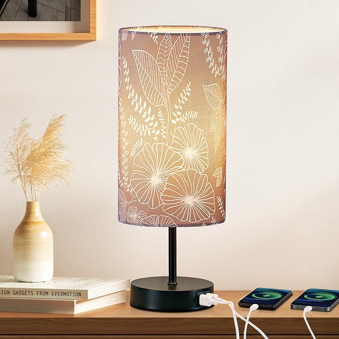 Bedside Table Lamp with 2 USB Ports, Modern Touch Control Desk Lamp with Round Flower Flaxen Fabric Shade, 3 Way Dimmable Small Nightstand Lamp for Bedrooms Living Room Dorm Gray Decor(Bulb Included)