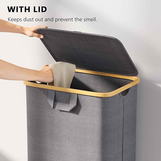 SpaceAid Laundry Hamper with Wheels and Lid, 26 Gal (100L) Rolling Clothes Basket with Bamboo Handle, Large Laundry Hamper for Bedroom, Bathroom, Dorm, Laundry Room - Grey