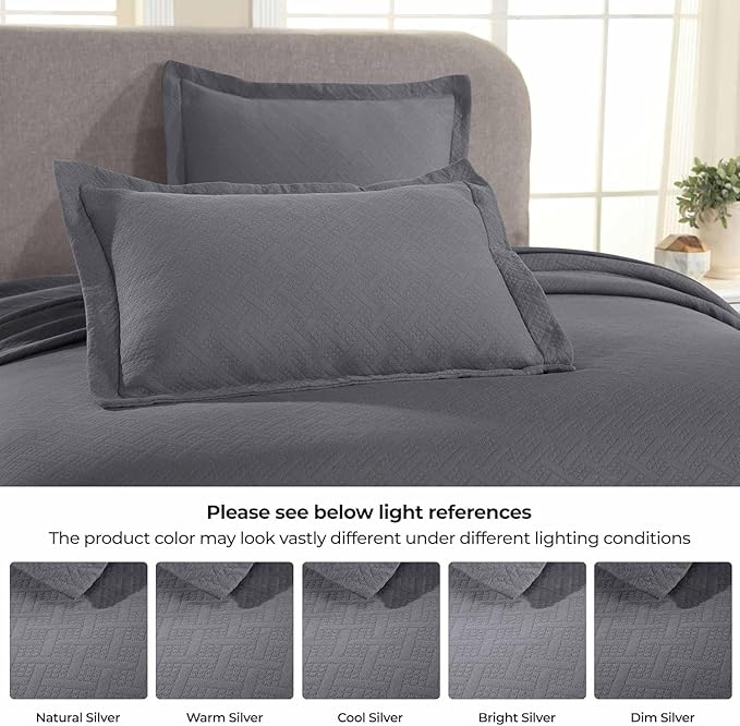Superior 100% Cotton Basket Weave Bedspread with Shams, All-Season Premium Cotton Matelasse Jacquard Bedding, Quilted-Look Geometric Basket, Queen, Grey