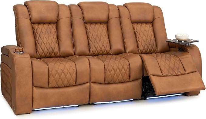 Seatcraft Diamante Zero-Gravity CoolZero Italian Leather Home Theater Seating, Power Headrest, Power Recline, Row of 3 Sofa, Tawny