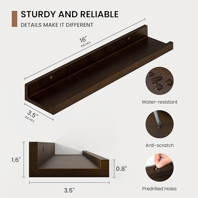 Fun Memories Picture Ledge Shelf, Solid Pine Wood Floating Shelves Set of 4, 16 Inches Nursery Book Shelves for Toys Storage, Kids Bookshelf Wall Mounted for Living Room Decor Photo Frames, Walnut