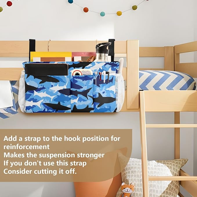 Bedside Caddy Hanging Bunk Bed Caddy Bed Organizer Hanging Pocket with 2 Hooks Bedside Storage Organizer Pocket Bag Holder Marine Bright Sky Blue Shark