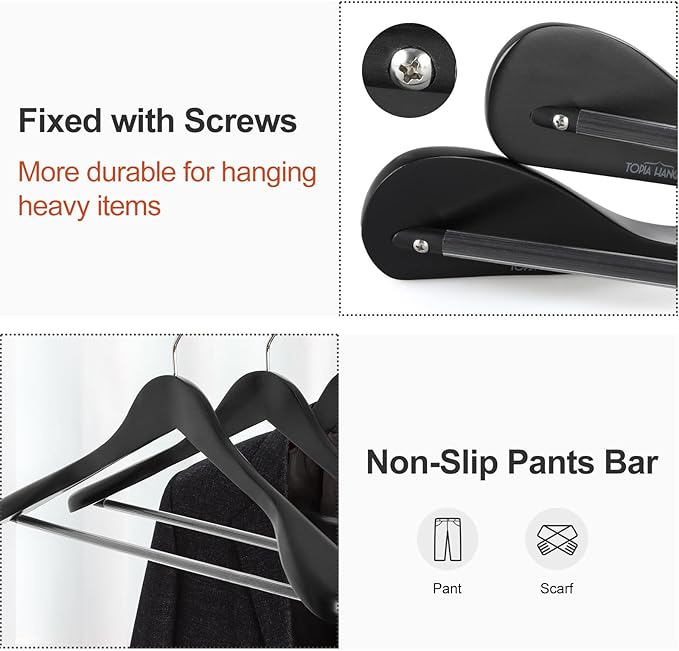 TOPIA HANGER Wide Shoulder Wooden Hangers, Suit Hangers with Non Slip Pants Bar & 360° Swivel Hook, Solid Wood Heavy Duty Coat Hanger, 6 Pack (Matte Black)-CT02B