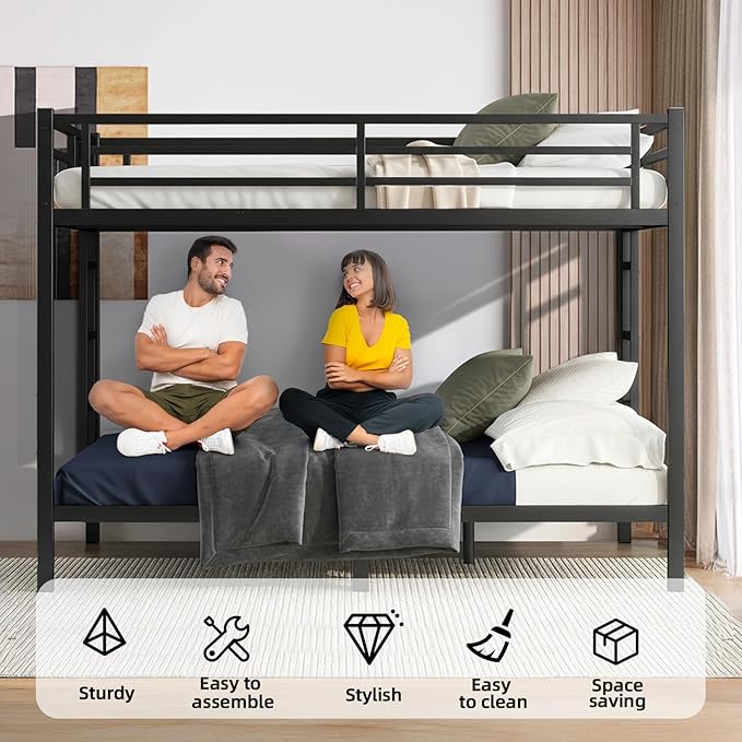 Queen Over Queen Bunk Bed Frame, Heavy Duty Metal Loft Bed for Adults/Teens, 400/600LB Capacity w/Ladder & Guardrail, Noise-Free Steel Slats, No Box Spring Required, Black