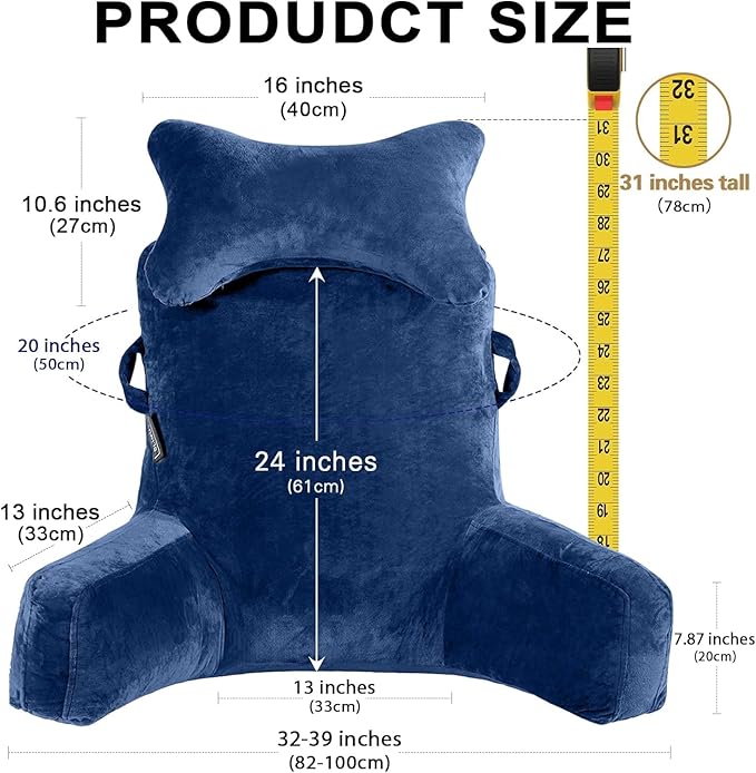 SLIGUY Reading Pillow-Extra Large 31" Bed Rest Pillow with Detachable Neck Roll & Arms for Sitting in Bed or Couch-Adult Backrest Reading Pillow for Reading/Watching TV/Gaming/Relaxing-Dark Blue