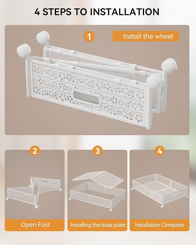 Under Bed Storage with Wheels, Foldable Pattern Carved Metal Under The Bed Storage, Tool-Free Assembly Under Bed Storage Containers, 60L Underbed Storage for Bedroom Clothes Blankets-2 Pack