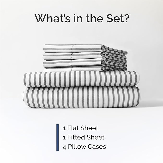 King 6 Piece Sheet Set - Cooling, Comfy & Breathable - Hotel Luxury Bedding, Includes Fitted Sheet for Women, Men, Kids & Teens - 1 Flat, 1 Fitted Sheet, 4 Pillowcases w/Deep Pockets - Grey Stripes