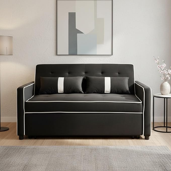 Convertible Sofa Bed, 3-in-1 Loveseat Futon Sofa Bed with 3-Position Adjustable Backrest & Side Pocket, Modern Velvet Fabric Pull Out Couch for Living Room, Small Spaces (Black)