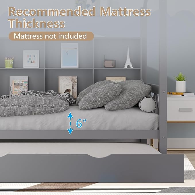 Full House Bed with Trundle and Storage Shelf for Kids, Wooden Full Size Bed Frame with Roof Guardrails Wood Slats Headboard for Boys Girls,No Box Spring Required, Gray