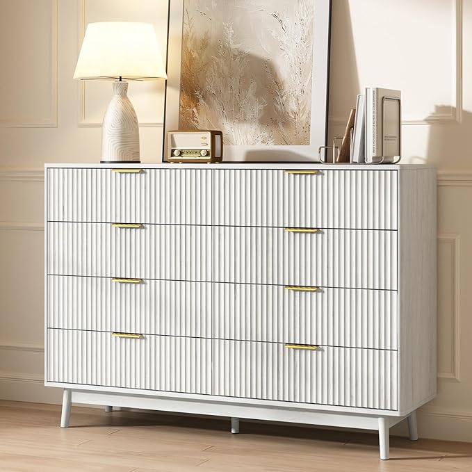 CARPETNAL Fluted 8 Drawer Dresser for Bedroom, 55" Wide Wooden Chest of Drawers with Rounded Corners, Gold Handles, Modern Storage Organizer for Bedroom, Hallway(White)