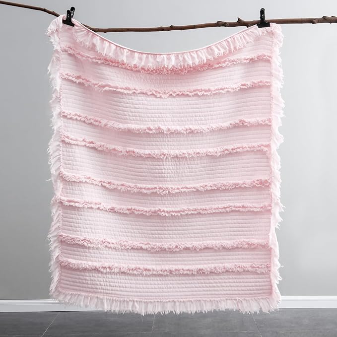 Ultra Soft Pre-Washed Quilted Boho Pink King Size Blankets for Bed, Ruffle Fringed Decorative Throw, Stone Washed Chic Rustic Blanket for Sofa Couch Bed, 104"*90"