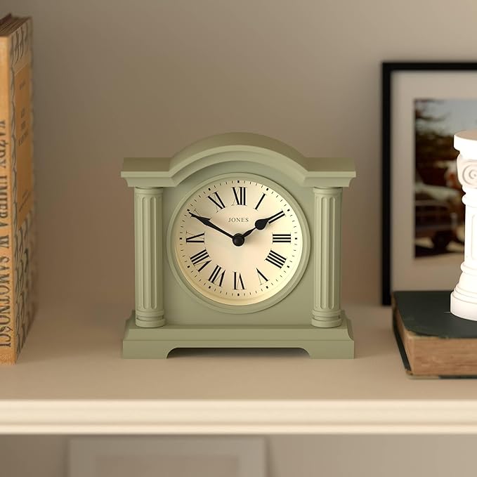 JONES CLOCKS® Kensington Mantel Clock | Classic Arch top Clock | Sage Green | Stylish & Contemporary | Ideal for Desk, Mantelpiece, Bookshelf or Bedside