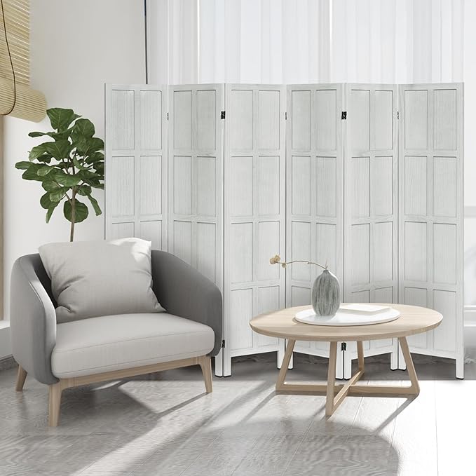 Wood Room Divider 6 Panel Folding Privacy Screen, Classic 5.6Ft Indoor Wooden Partition, Portable Partition Wall Divider for Room Separation, Home, Office, Bedroom, Restaurant (White)