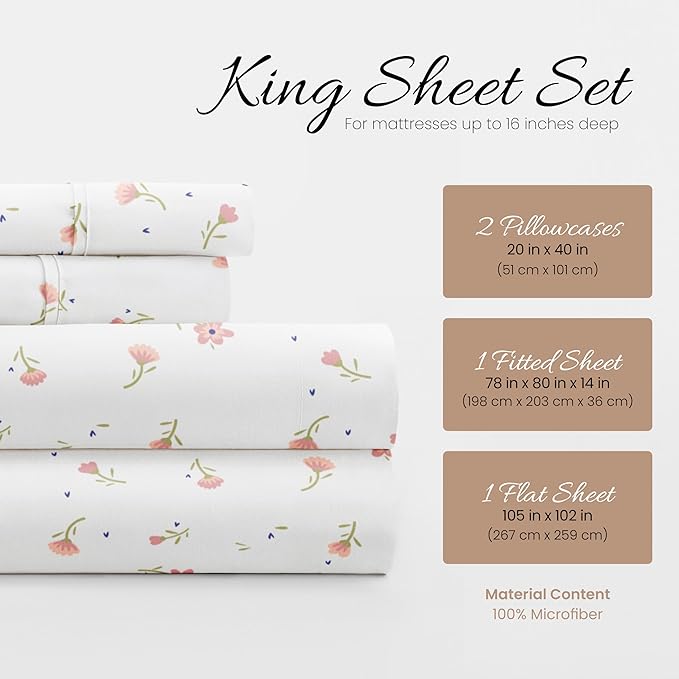 Linen Market Patterned Microfiber King Sheet Set 4 Piece – Oeko-TEX Certified Ultra Soft & Wrinkle-Free - 16" Deep Pocket Sheets - Easy Care King Size - Soft Floral Pink
