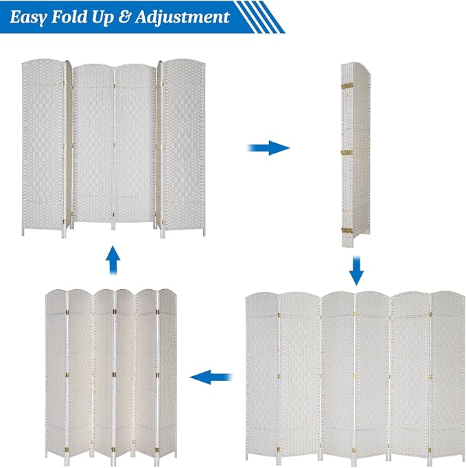 VINGLI 6-Panels Tall Rattan Room Divider, 6 FT Folding Privacy Screen, Indoor Partition Wall Dividers, Freestanding Hinged Space Separator (White)