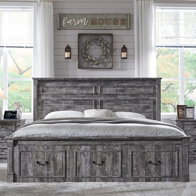 Farmhouse King Size Bed Frame with 51" Tall Headboard, Wood Platform Bed Frame with 20" Tall Roman Column Decoration Footboard & 3 Large Storage Drawers, No Box Spring Needed (Light Grey)