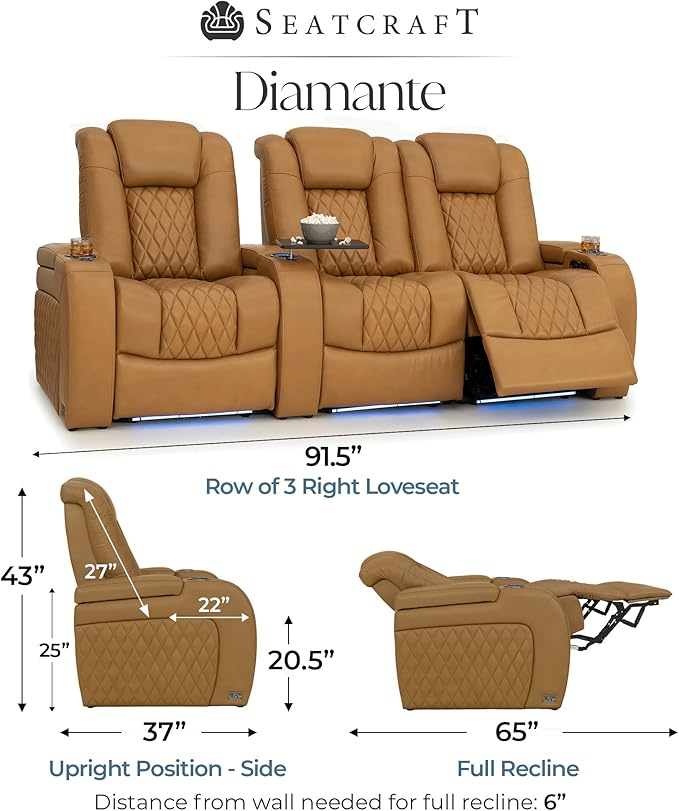 Seatcraft Diamante Zero-Gravity CoolZero Italian Leather Home Theater Seating, Power Headrest, Power Recline, Row of 3 Right Loveseat, Tan Oak