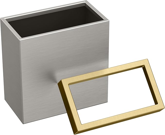 Gatco 1917B Modern Rectangle Waste Basket, Satin Nickel and Brushed Brass Combo - Stainless Steel Trash Can with Removable Lid, Leakproof, 3 Gallon Capacity for Bathroom, Bedroom, Kitchen, or Office