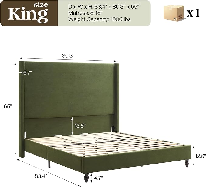 King Bed Frame with 65" Tall Headboard, Horizontal Fine Corduroy Bed Frame with Wingback, Upholstered Platform Bed, Vintage Solid Wood Gourd Legs, No Box Spring Needed, Green