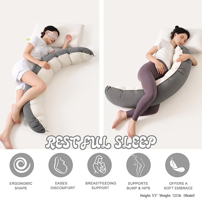 Peallow(Pat. Pend) – Long Round Body Pillow for Adults, Bolster Pillow for Sleeping, Soft and Supportive Pillow for Sleeping & Lumbar Support (Gray-White, 59")