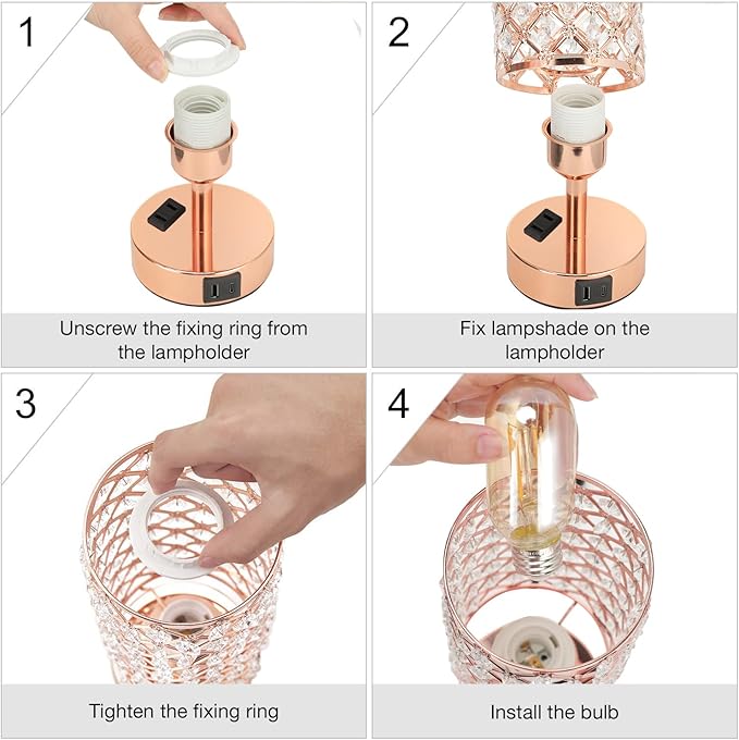 Hong-in Rose Gold Lamp Set of 2, 3-Way Crystal Table Lamp Touch Control with USB-C+A & AC Ports, Dimmable Nightstand Desk Light, Pink Bedside Table Lamp for Bedroom(Bulb Included & Set of 2)