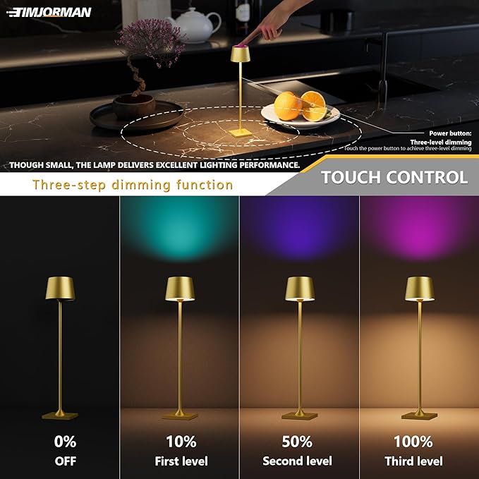 Modern LED Color-Changing Cordless Table lamp, 7 Colors, metal Shade, Touch control with sleep mode for Restaurant, Bedroom, Outdoor Camping, Coffee Shop, Night Light, Rechargeable (Golden 1PACK)