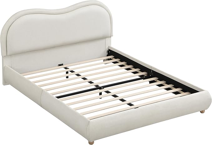 Queen Size Upholstered Platform Bed Frame, Modern Cloud Bedframe with Headboard, Low Profile Bed Floor Bed Frames with Soft Rounded Corners, No Box Spring Required, Easy Assembly, Chenille Cream