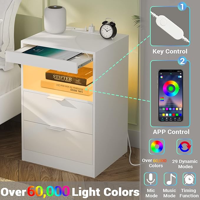 Tiptiper White Nightstand Set of 2, LED Nightstand with Wireless Charging Station, Night Stand with Drawers & Pull-Out Shelf, Modern Bedside Table with Storage, End Table Side Table