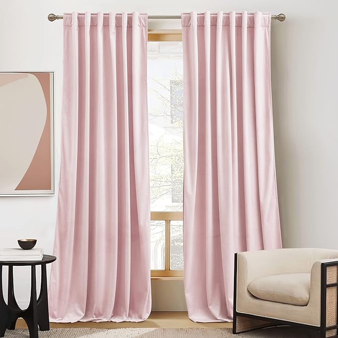 RYB Home Pink Velvet Curtains 108 inches- Blackout Curtains for Living Room, Thermal Insulated Noise Reducing Panels Soft Luxury Window Decor for Bedroom, Blush Pink, W52 x L108 inches, 2 Panels