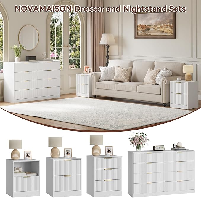8 Drawer Dresser & Nightstand Set 3-Piece, 55” Wide Fluted Dresser and Night Stand Set of 2 with Metal Handle, Modern Wood Chest of Drawers Storage Dressers Set for Bedroom, White